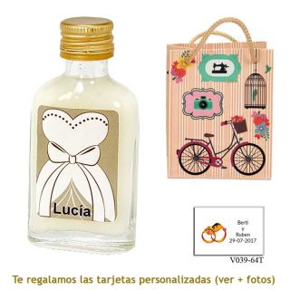 Licor de crema 20 ml con etiqueta de novia y bolsa vintage con bicicleta