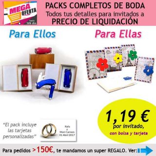 Pack completo “Super-Ahorro” de regalos para invitados (hombres y mujeres), con bolsas y tarjetas