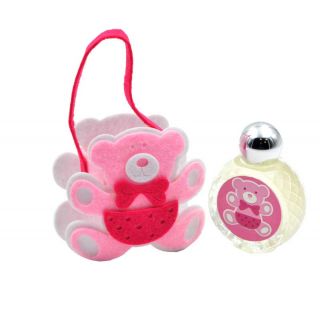 Perfume de jazmín con bolsa de fieltro y asa. Diseño de osito rosa