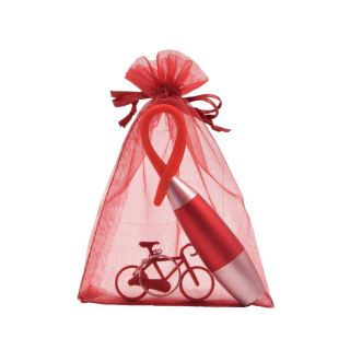 Pack 3 en 1 color rojo: llavero bici, boli linterna y bolsa de organza