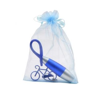 Pack 3 en 1 color azul: llavero bici, boli linterna y bolsa de organza