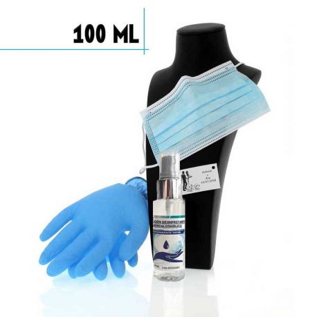 Kit higienizante: Mascarilla, guantes, loción 100ml, bolsa y tarjeta