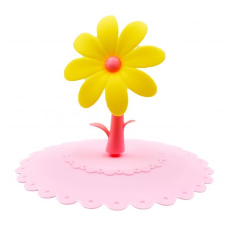 Tapa rosa de silicona para tazas, con flor amarilla