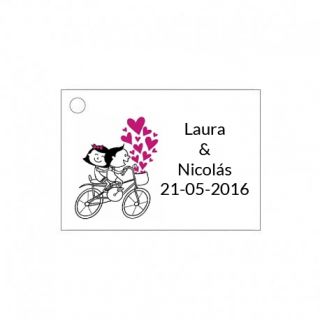 tarjeta de boda con novios en bici para detalles de boda